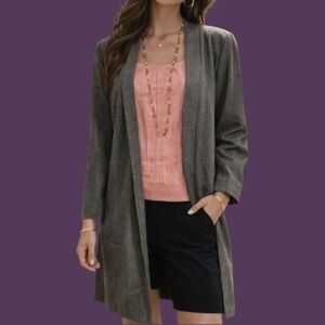 Vtg MISS DORBY Gray Trendy Pinstripe Open Front Topper Duster Blazer